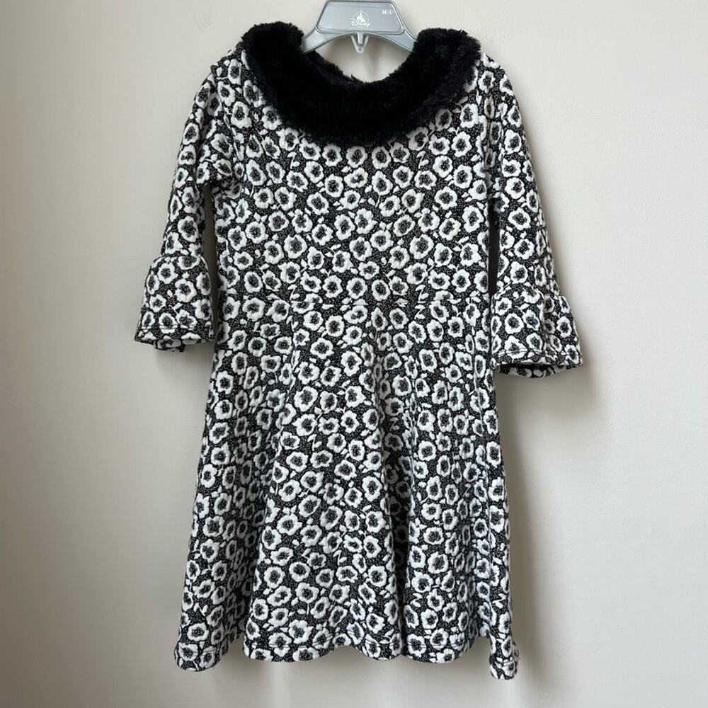 Janie and Jack Girls Size 6 Black White Jacquard Floral Dress Faux Fur